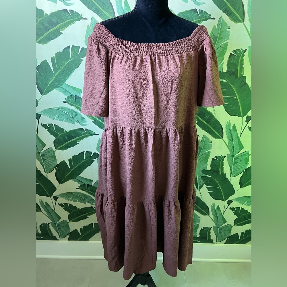 CJLA Womens Brown Off Shoulder‎ Puff Sleeve Tiered Peasant Boho Midi Dress Small
